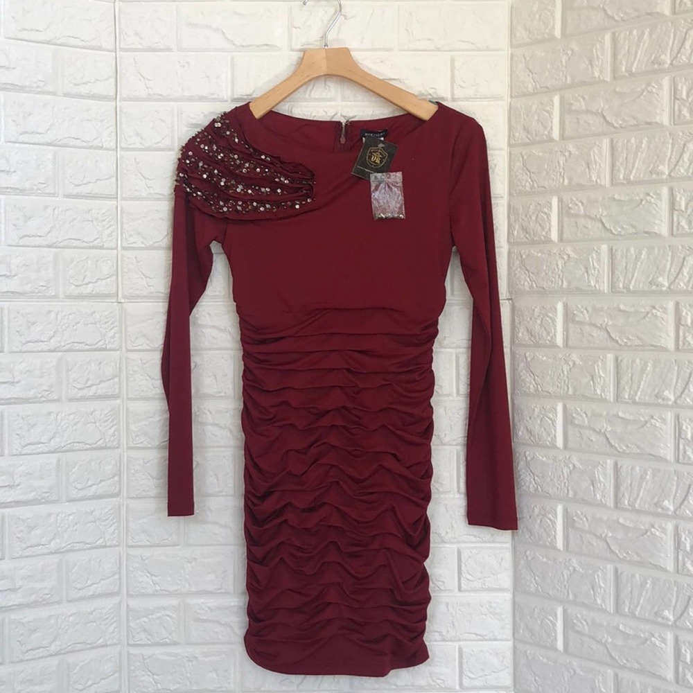 Vegas Royalty Women's Burgundy Ruched Beaded Shoulder Long Sleeve Dress